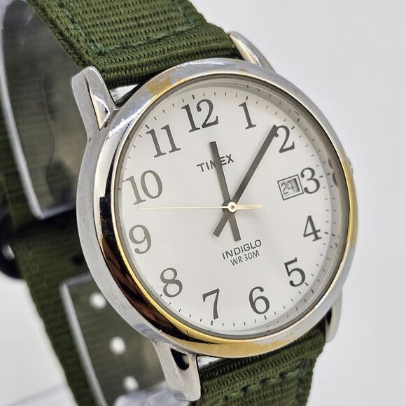 Timex Men's Watch 35MM White Dial Date New Army Green Canvas Bands New Battery - Picture 4 of 13
